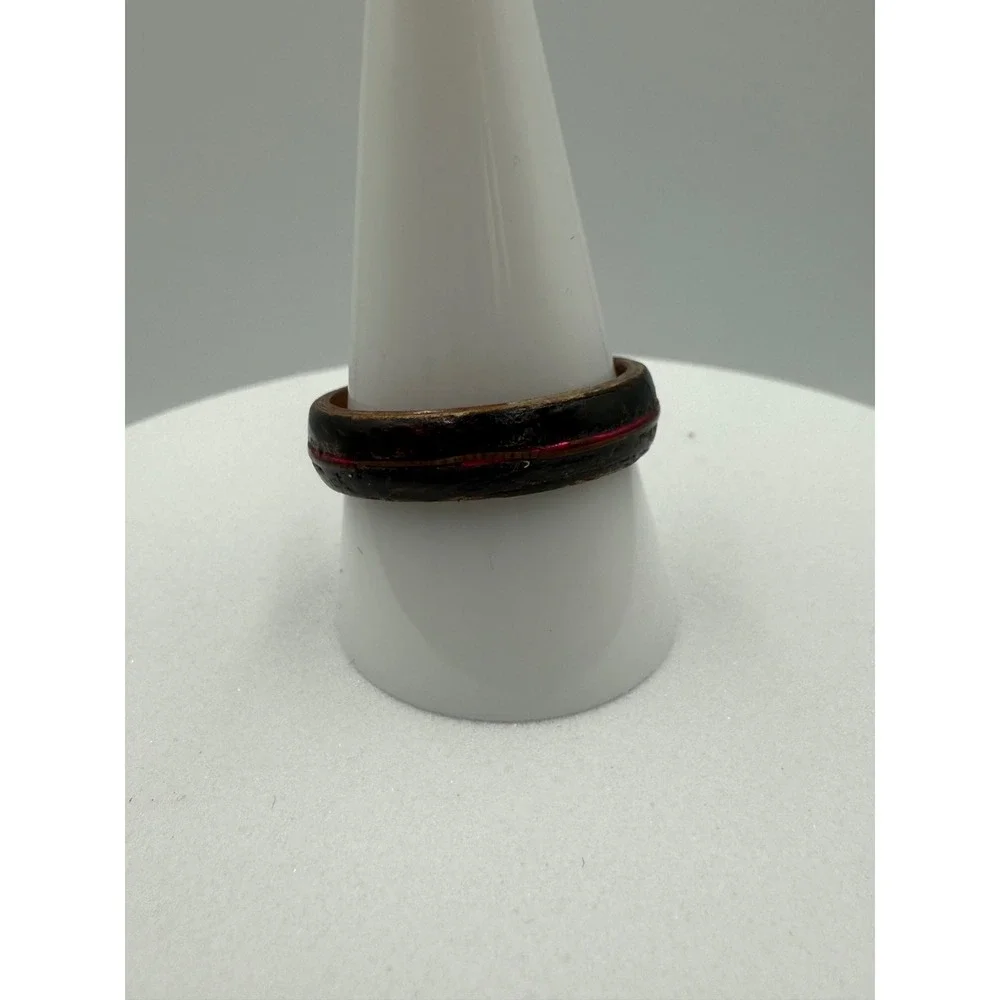 Handmade Wooden Band Ring Dark Brown Wood Red Inlay‎ Stripe Size 11 Rustic